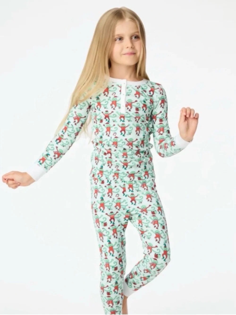 Roller Rabbit Mint Green Pajama Set with Red Monkey Christmas with socks